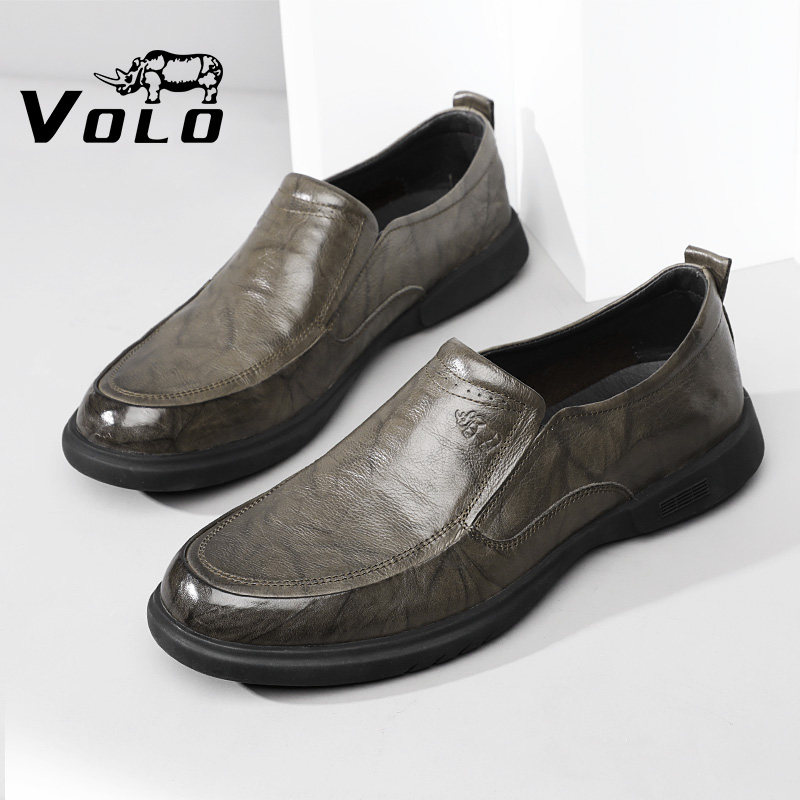 volo犀牛手工休闲皮鞋头层牛皮男士爸爸一脚休闲皮鞋