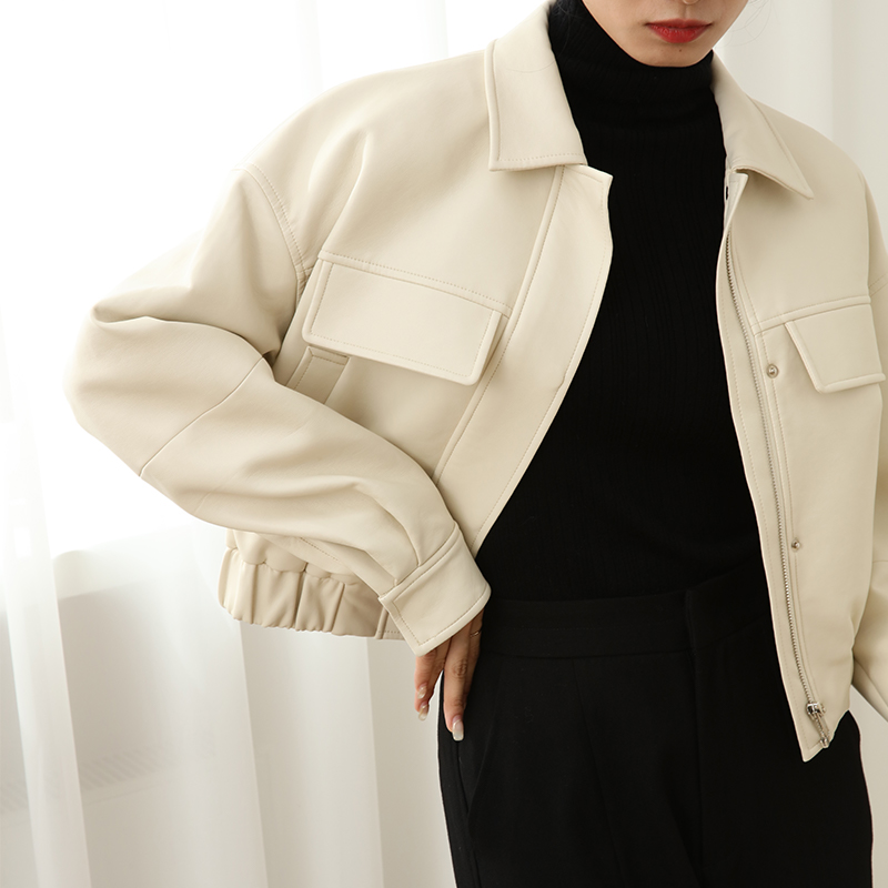 无拘米白色皮衣外套秋冬季新款西装时尚简约百搭长袖皮衣