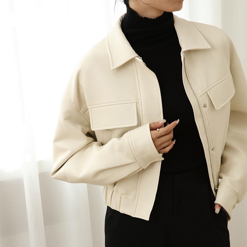 无拘米白色皮衣外套秋冬季新款西装时尚简约百搭长袖皮衣