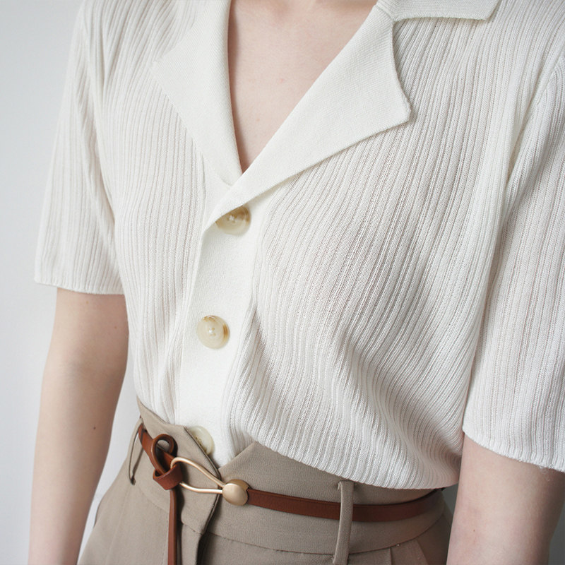 外贸出口专柜原单竖纹条真丝混纺针织西装领大纽扣衬衫
