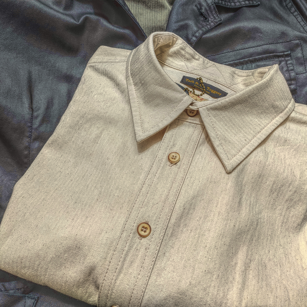 Tash&Co. 棉籽HBT鱼骨纹面料工装衬衫七彩缝纫线米白纯棉原胚衬衣