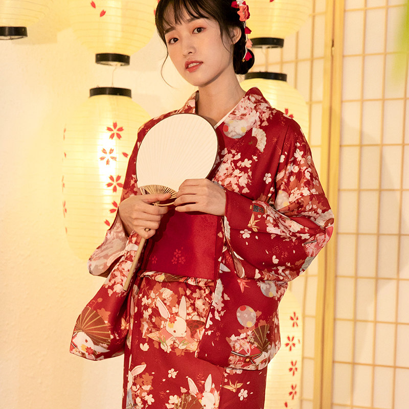 和风细语日系红色祈愿印花图案和服长裙浴衣连衣裙