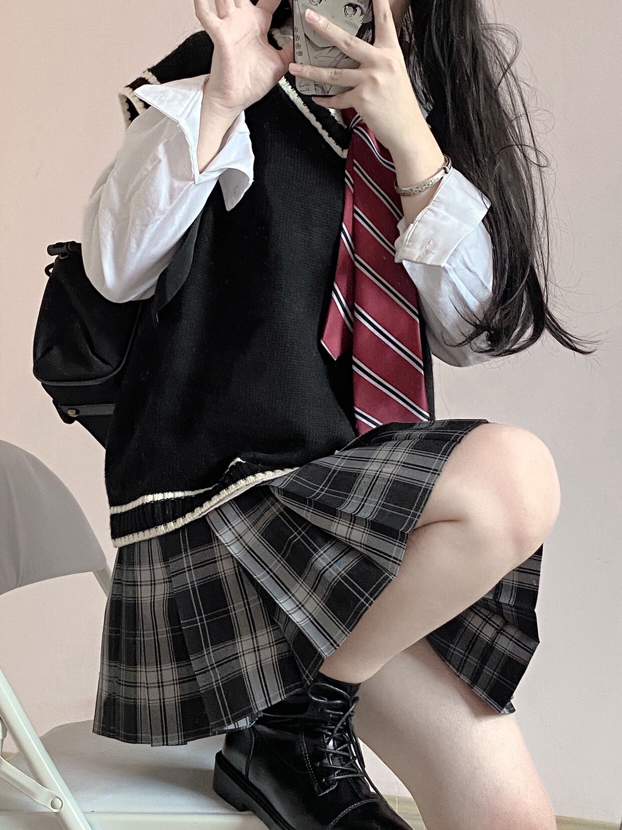 短句少女白桃原创jk格裙校供感日百褶裙黑灰半身裙