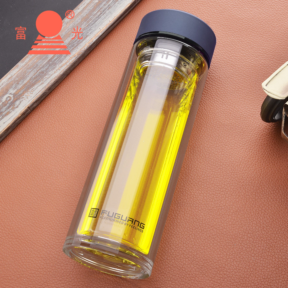 富光玻璃杯双层便携水杯带盖过滤家用杯子男女玻璃杯