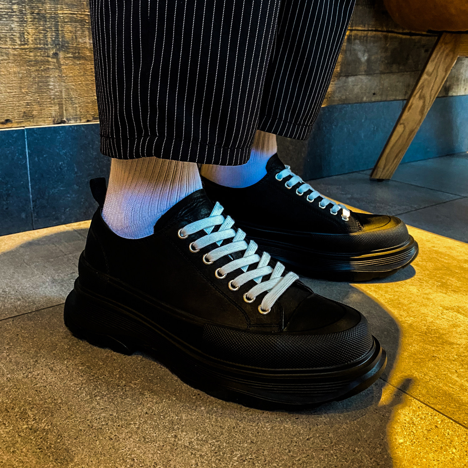 帽子先森黑黑厚底松糕鞋男增高4cm真皮板鞋时尚休闲鞋