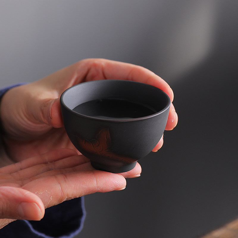 原矿刻花茶道茶具功夫茶功夫茶盏茶杯跳刀紫陶茶杯