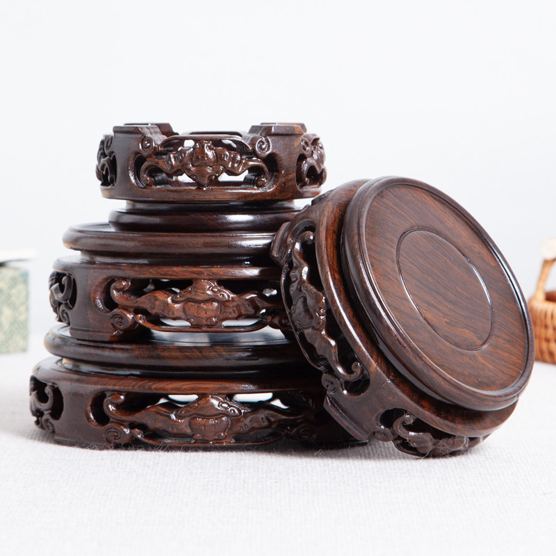 红木圆形托架实木木雕檀木底座摆件茶壶佛像木雕