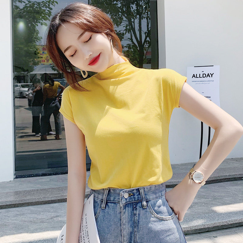姜黄高领短袖t恤女紧身打底衫半袖上衣纯棉内搭简约气质韩版体恤