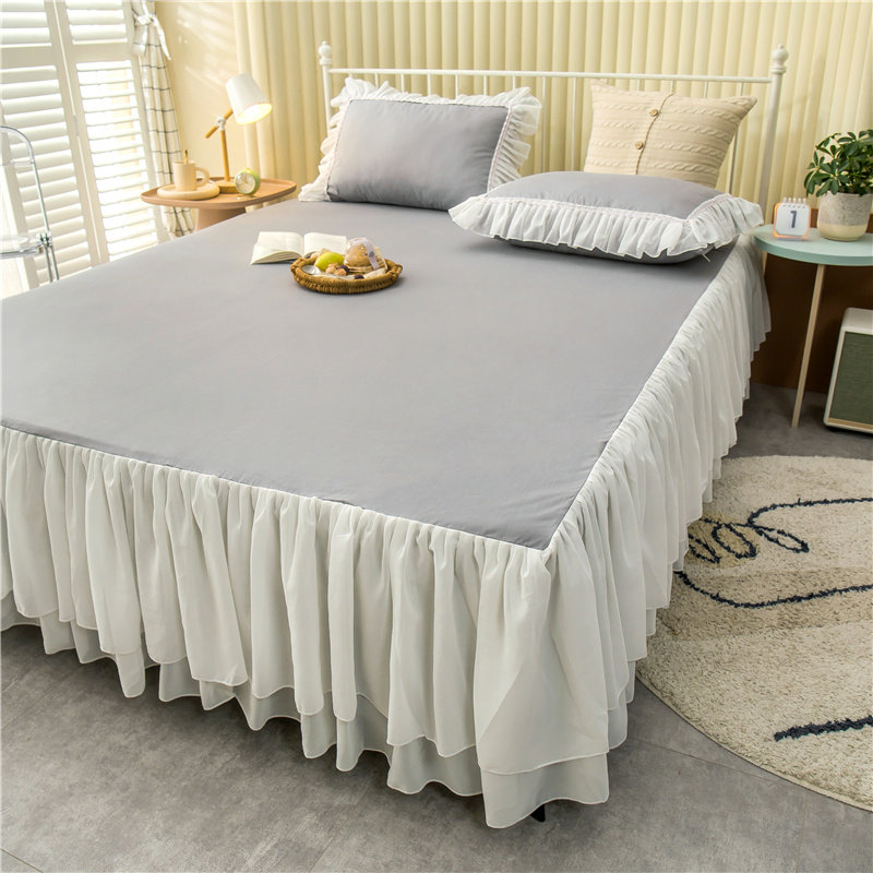 雪纺床裙蕾丝蕾丝花花边双层裙摆全棉床面纯色床裙