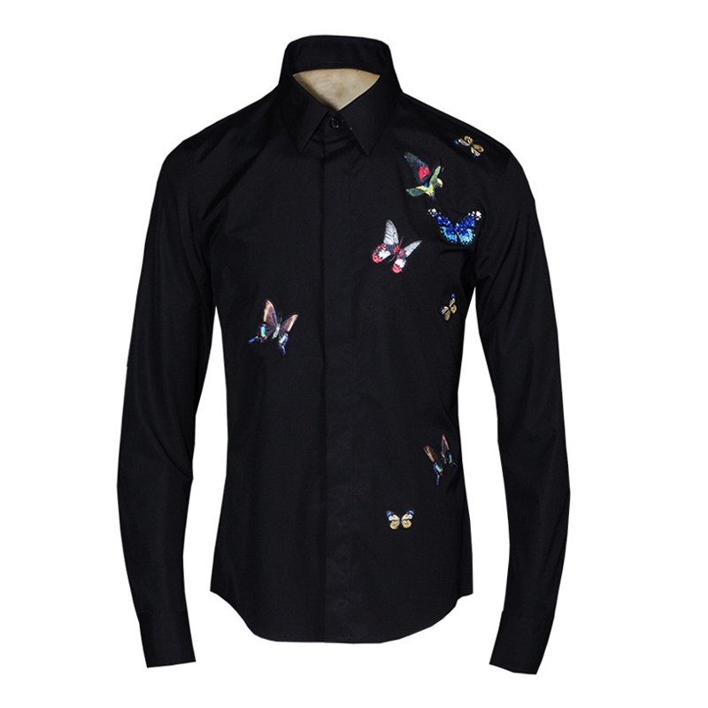 新款绣花衬衫男士修身韩版贴补刺绣蝴蝶青年衬衫
