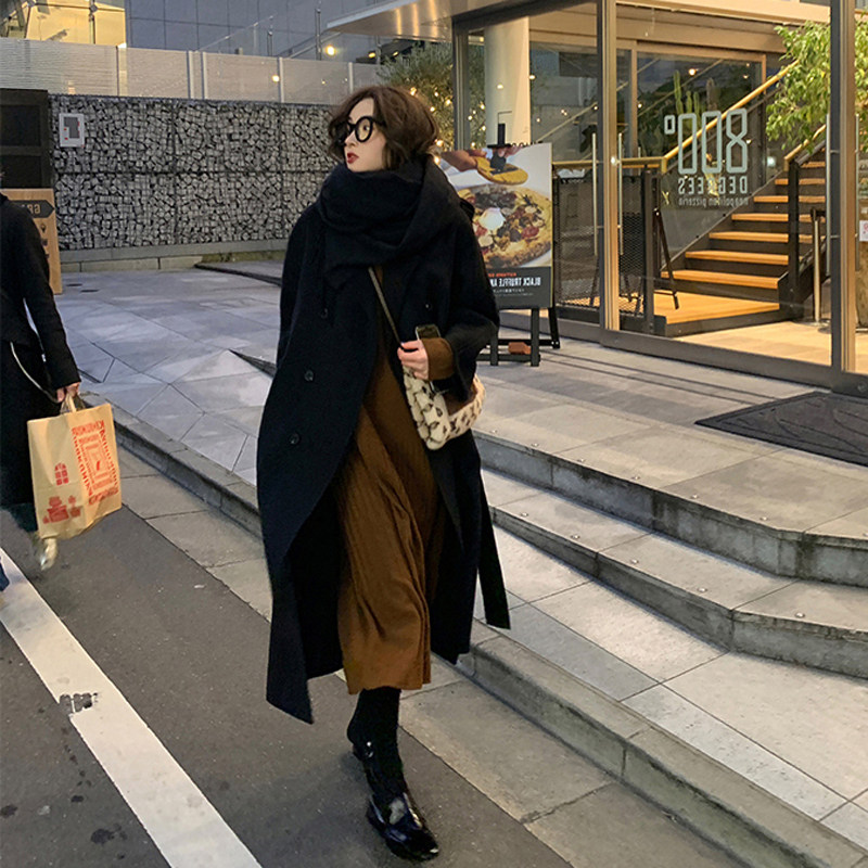 安娜家anna双面羊绒大衣女中长款2022秋冬季驼色赫本风羊毛呢外套