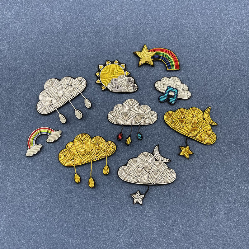 高端时尚纯手工刺绣银色云朵图案印度丝胸针徽章服装diy专业