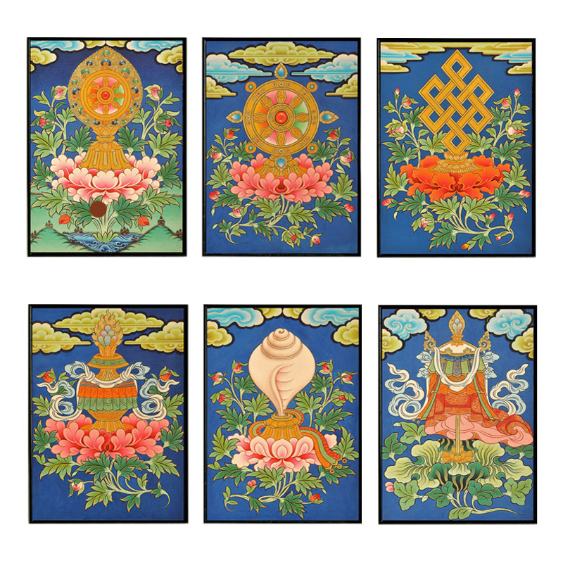 八吉祥唐卡宝佛教民族风藏式挂画客厅装饰画招财风水玄关藏族壁画