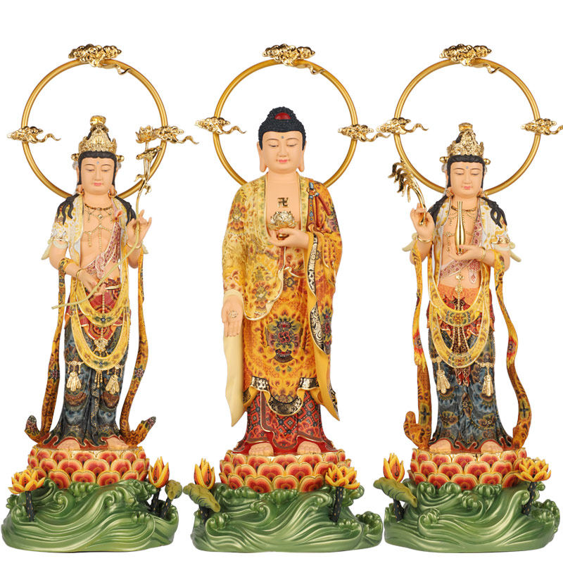 佛像台湾纯铜彩绘西方三圣阿弥陀站像大势观音摆件