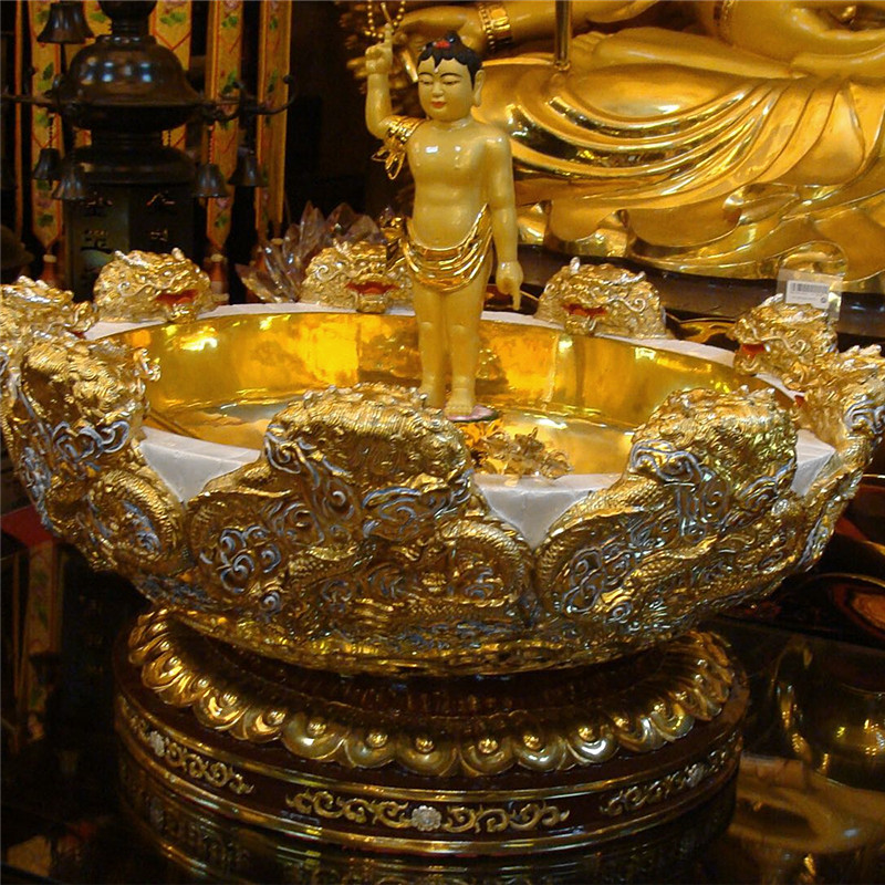 台湾贴金纯铜大号九龙龙浴盆浴佛节用品太子摆件