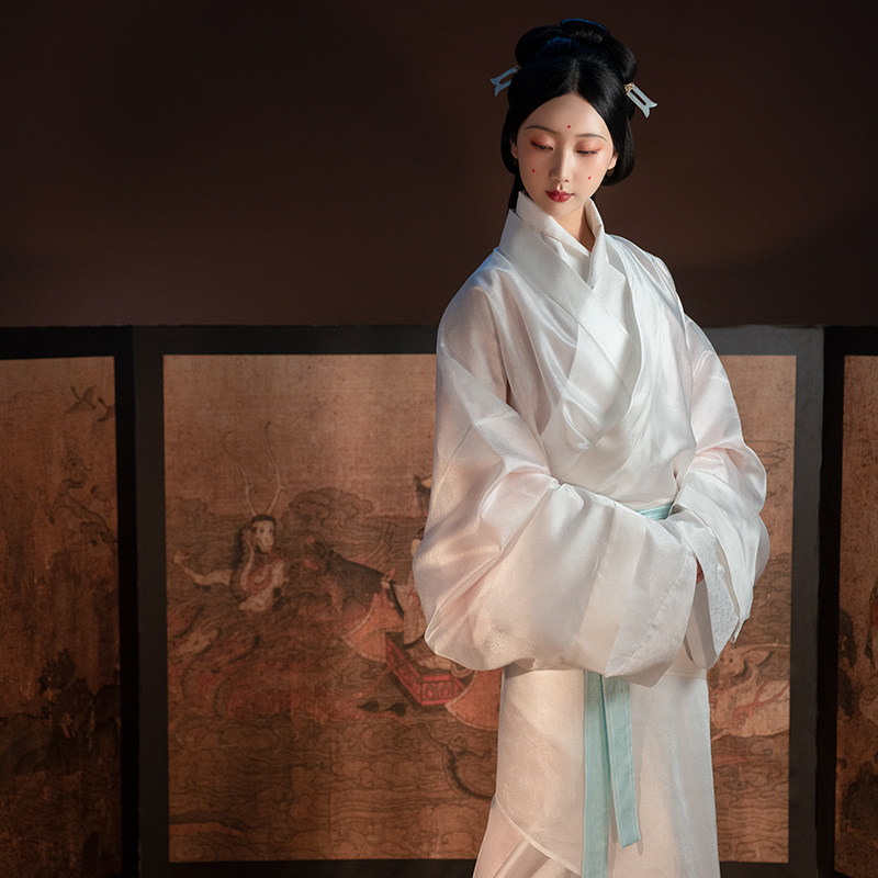 重回汉唐尔雅正品复原款汉服女暗纹曲裾长襦腰带中国风素纱褝衣