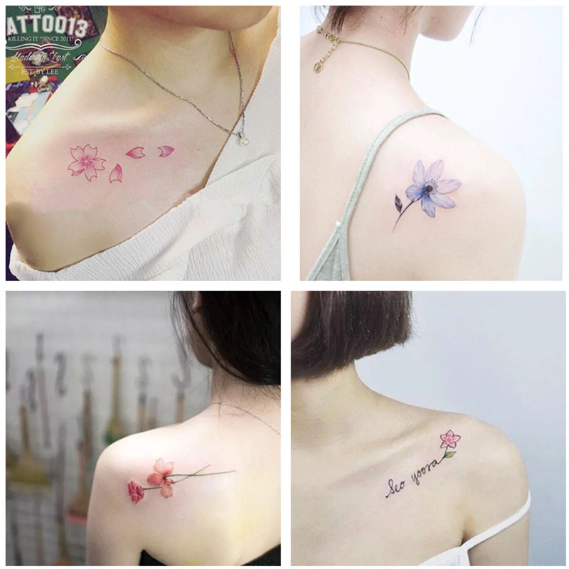 一份30张纹身贴防水女持久韩国仿真小清新花性感英文锁骨纹身贴纸
