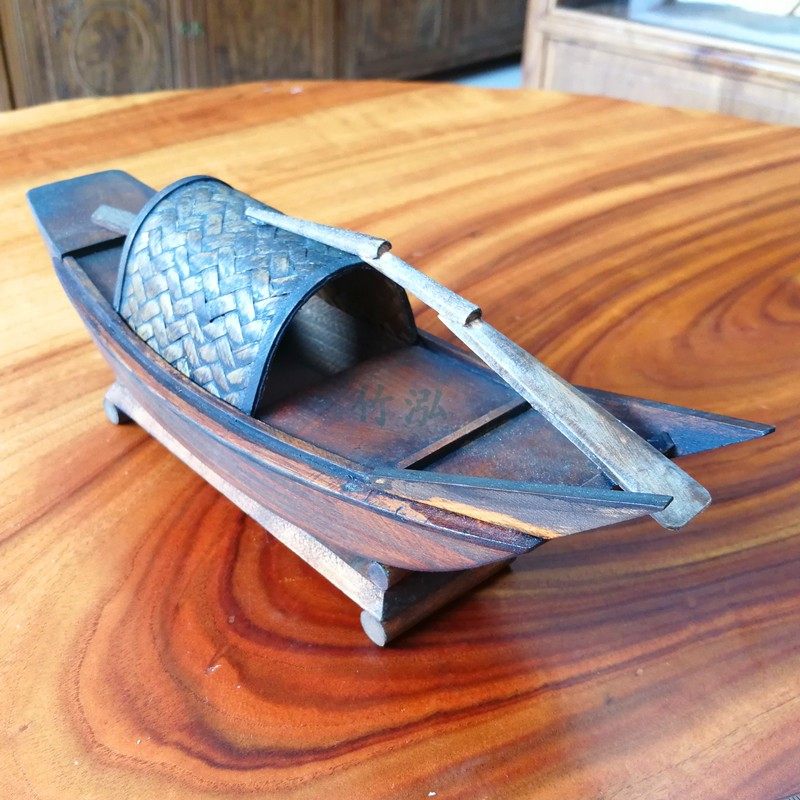 小型木船模型 复古怀旧乌篷船摆件 水池装饰造景道具 传统手艺