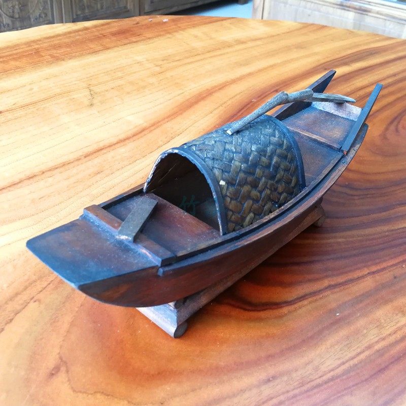 小型木船模型 复古怀旧乌篷船摆件 水池装饰造景道具 传统手艺