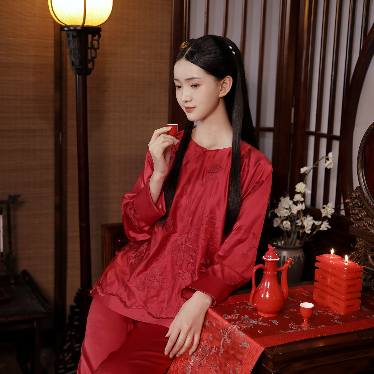 睡衣红妆原创设计真丝女中中式婚礼晨袍服装睡衣