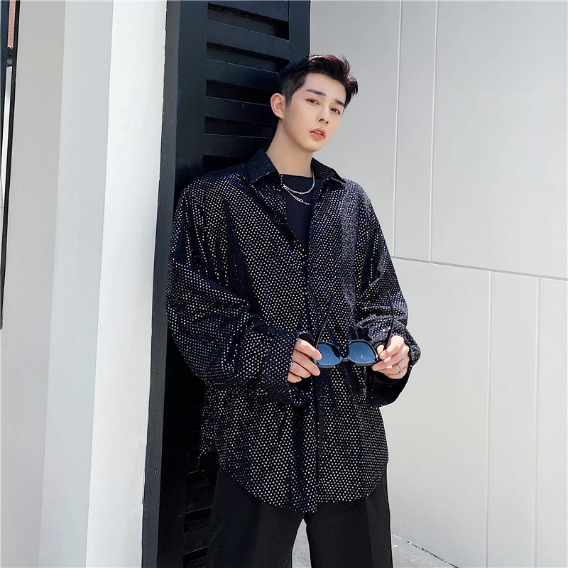 夏季个性网红抖音上衣外套男刺绣亮片长袖衬衫复古潮牌痞帅衬衣薄