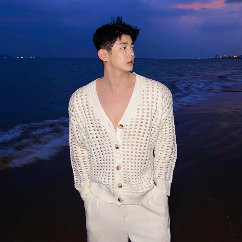 春夏小香风个性镂空百搭V领针织开衫韩版慵懒痞帅网红chic毛衣男