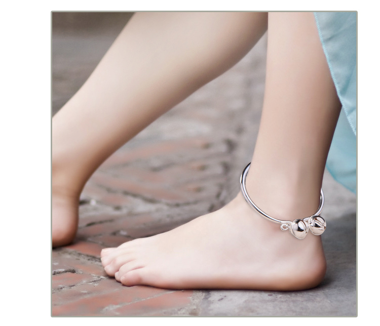 手工纯银脚镯脚环 男女宝宝红绳实心光面 脚链简约银饰品999铃铛