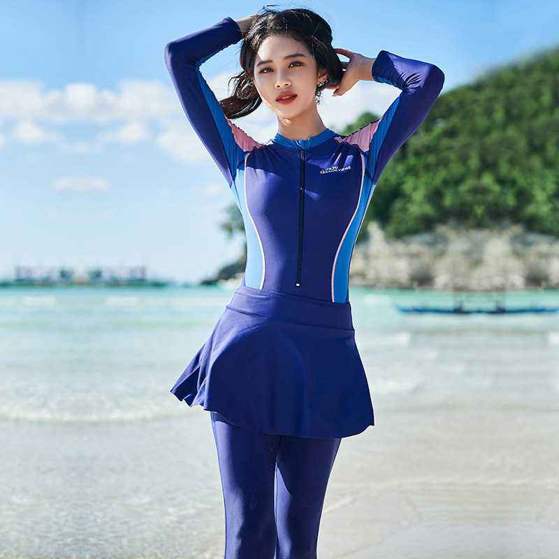 连体游泳衣女长袖长裤全身防晒保守显瘦遮肚学生专业训练潜水泳装
