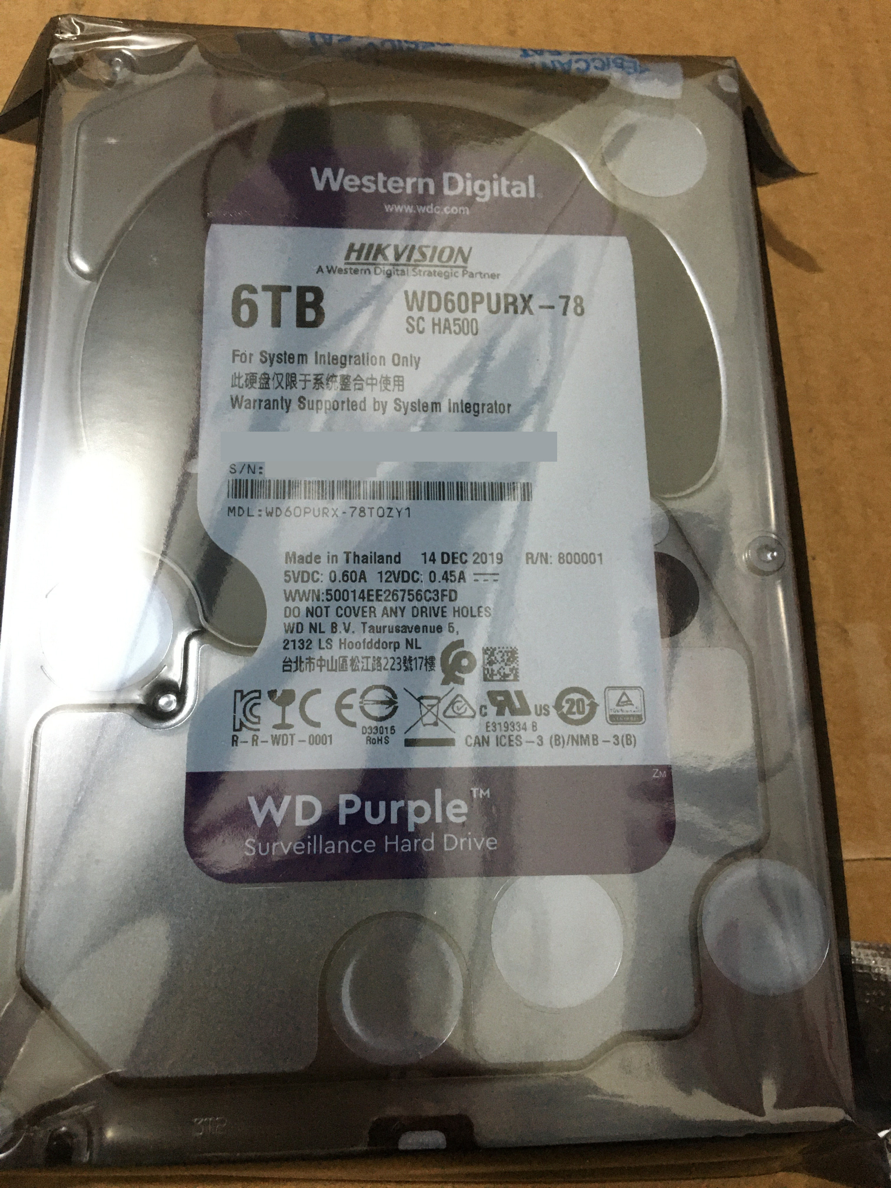 hikvision海康威视西部数据6t全新wd60purx监控机械硬盘大华机械硬盘