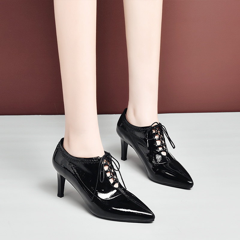 黑色小跟高跟鞋女细尖头2019秋季新款真皮秋鞋单鞋