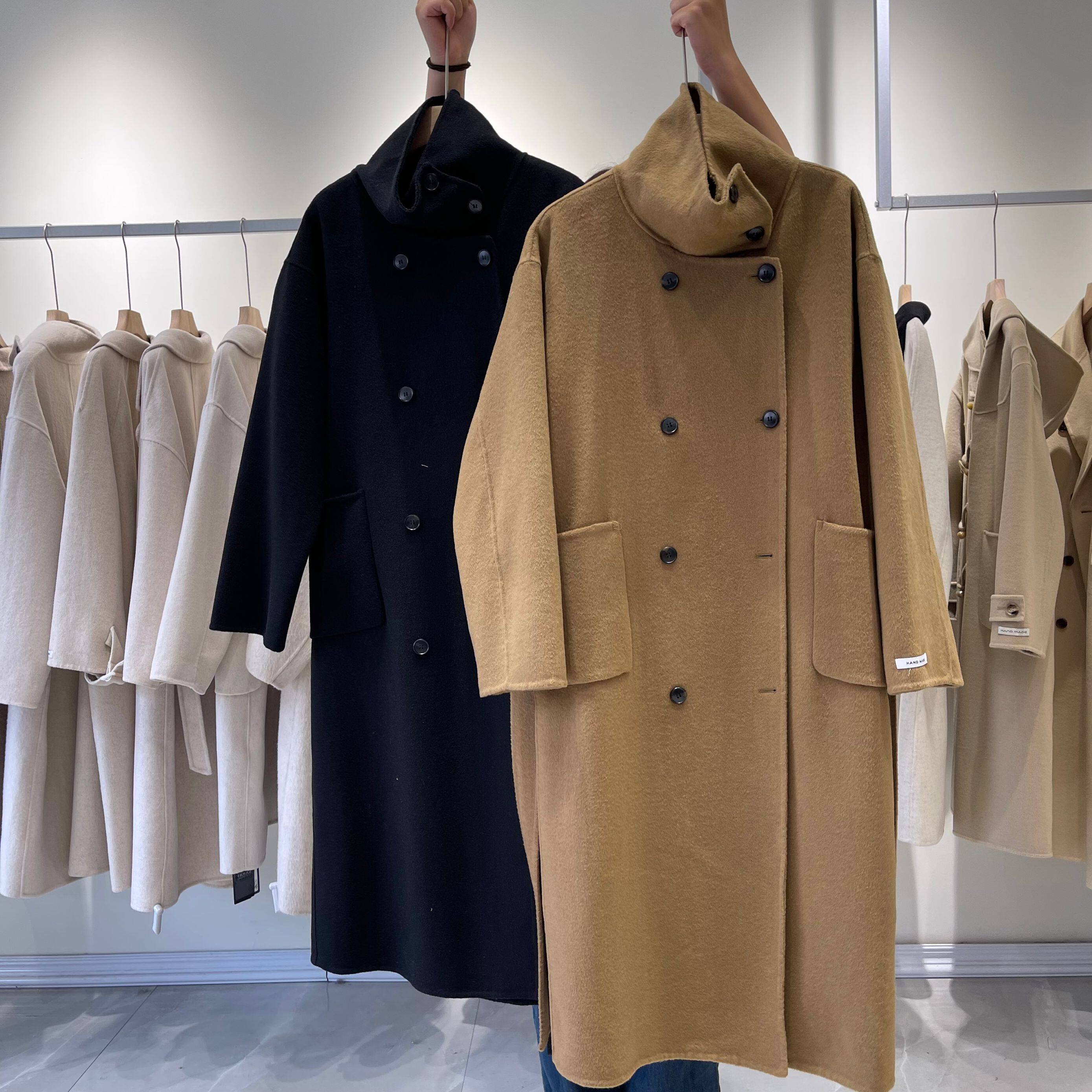 22年冬季新款立领双面羊绒大衣女中长款宽松双排扣韩系羊毛呢外套