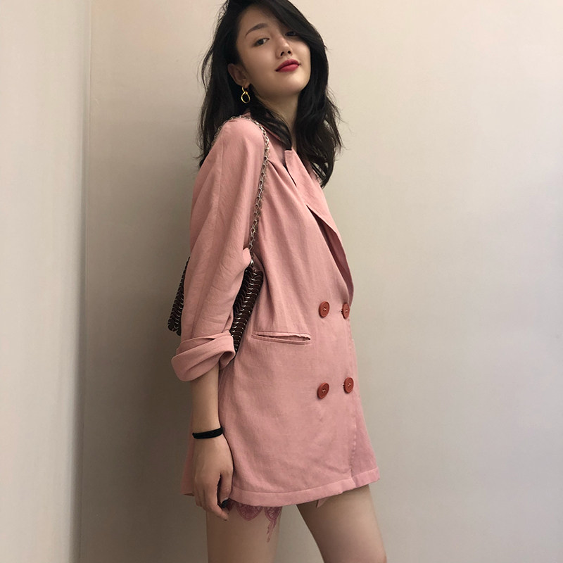xxoossoo2019春夏新长款慵懒风粉色外套chic休闲宽松时尚小西装女