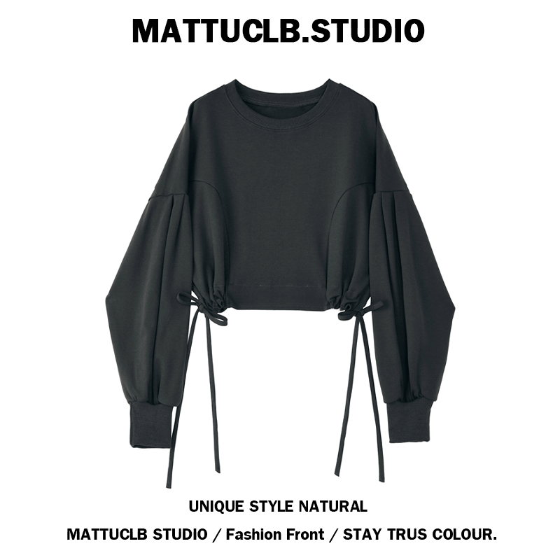 慵懒灰短款卫衣女宽松百搭秋冬新款设计感小众灰色抽绳绑带上衣潮