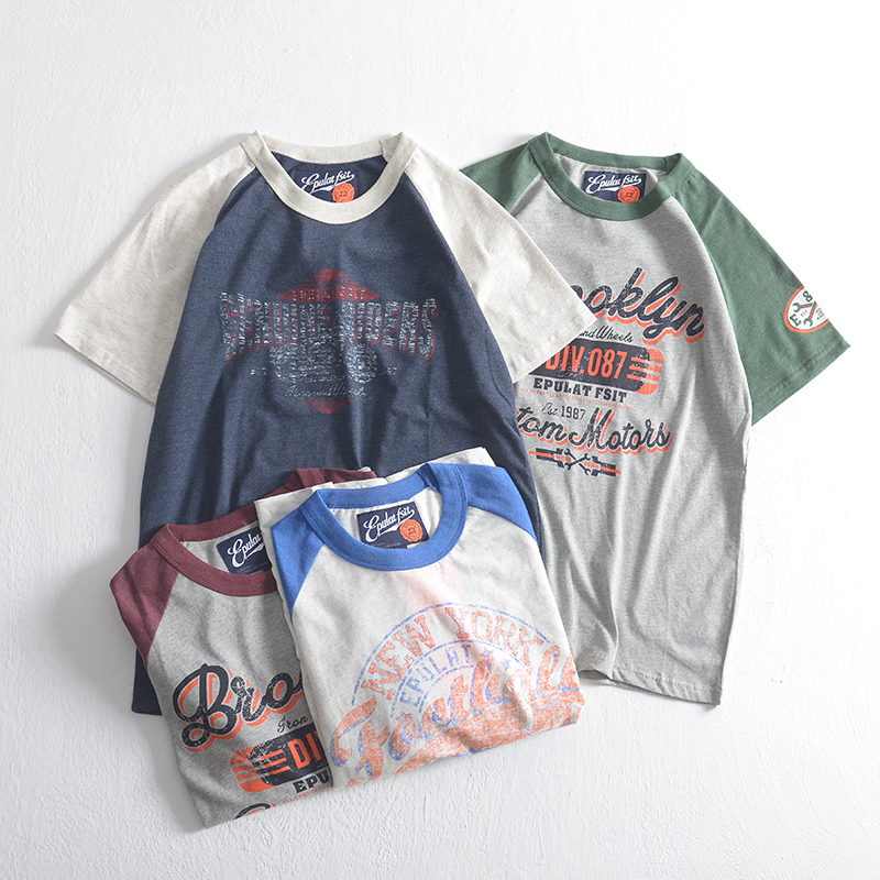 买二免一夏季潮流港风男女情侣拼接撞色插肩印花短袖T恤休闲半袖t