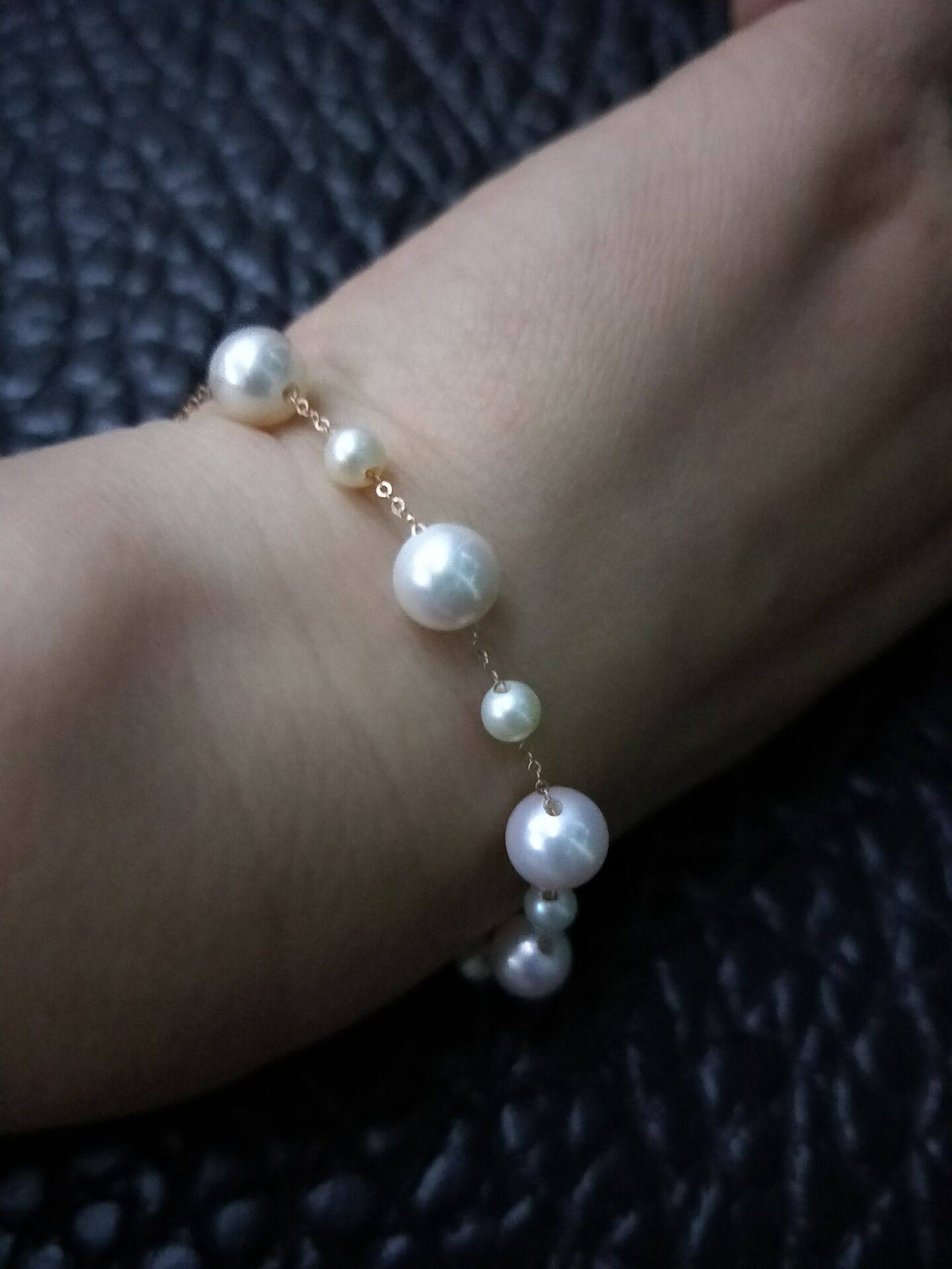 进口akoya日本天然海水珍珠满天星手链18k金链正圆无瑕极强光透粉