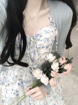 ຕະຫຼອດອາທິດຍາວບໍລິສຸດ lust floral suspender dress ຂອງແມ່ຍິງ summer ສັ້ນແບບອ່ອນໂຍນແອວ fluffy cake ສັ້ນ skirt