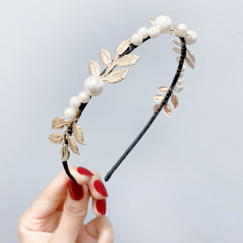 韩国进口金色树叶珍珠发卡发箍女复古高级简约发饰