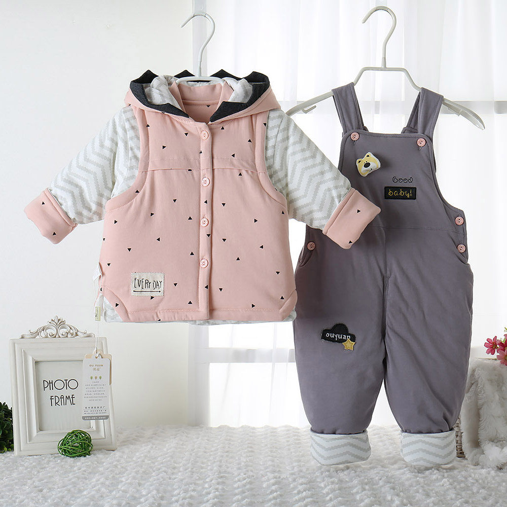 偶园婴儿秋冬棉衣三件套 宝宝纯棉连帽马甲棉袄背带裤套装0-2岁