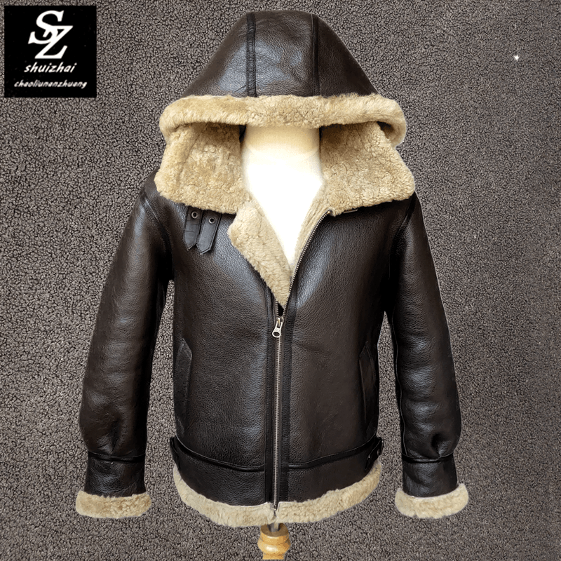 B3皮毛一体飞行服原生态羊羔毛外套男机车皮草真皮夹克加厚御寒潮