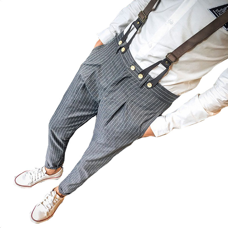 秋天学生格子吊带裤林弯弯哈伦修身休闲西裤背带裤男士小脚韩版潮