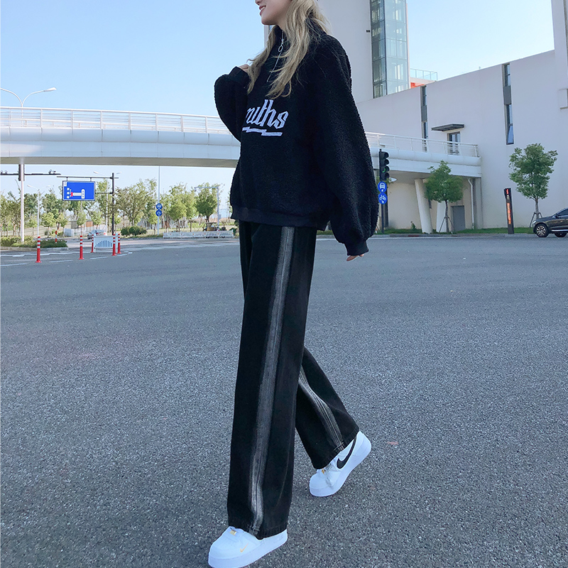 秋冬黑色直筒加绒牛仔裤女高腰宽松小个子阔腿裤子2021年冬季新款