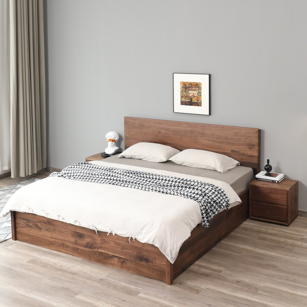 小户高箱床简约北欧1.8米胡桃主卧储物木床实木实木床