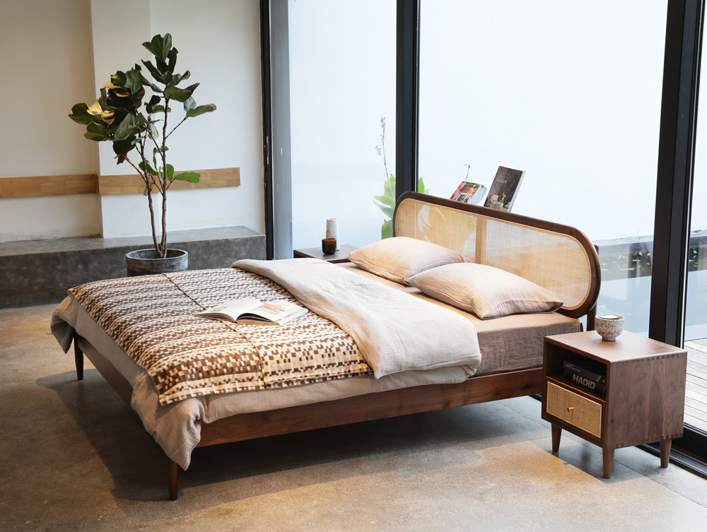 九木藤编简约圆形木床胡桃木胡桃床黑主卧木工藤艺床