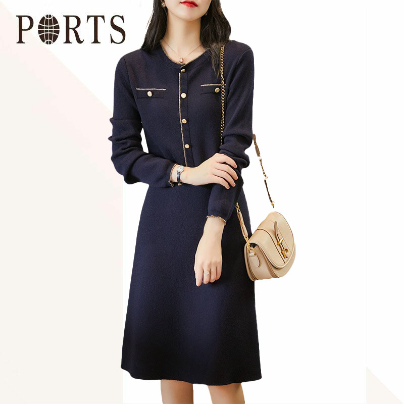 宝姿2021秋季新款气质百搭中长款知性小香风羊毛显瘦针织连衣裙女