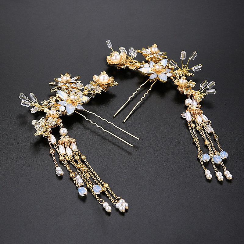 头饰秀禾新娘汉服新款复古古装金色套装浅色发饰