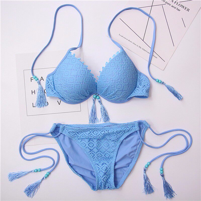欧美2020新款纯蓝蓝色比基尼大小聚拢分体性感比基尼