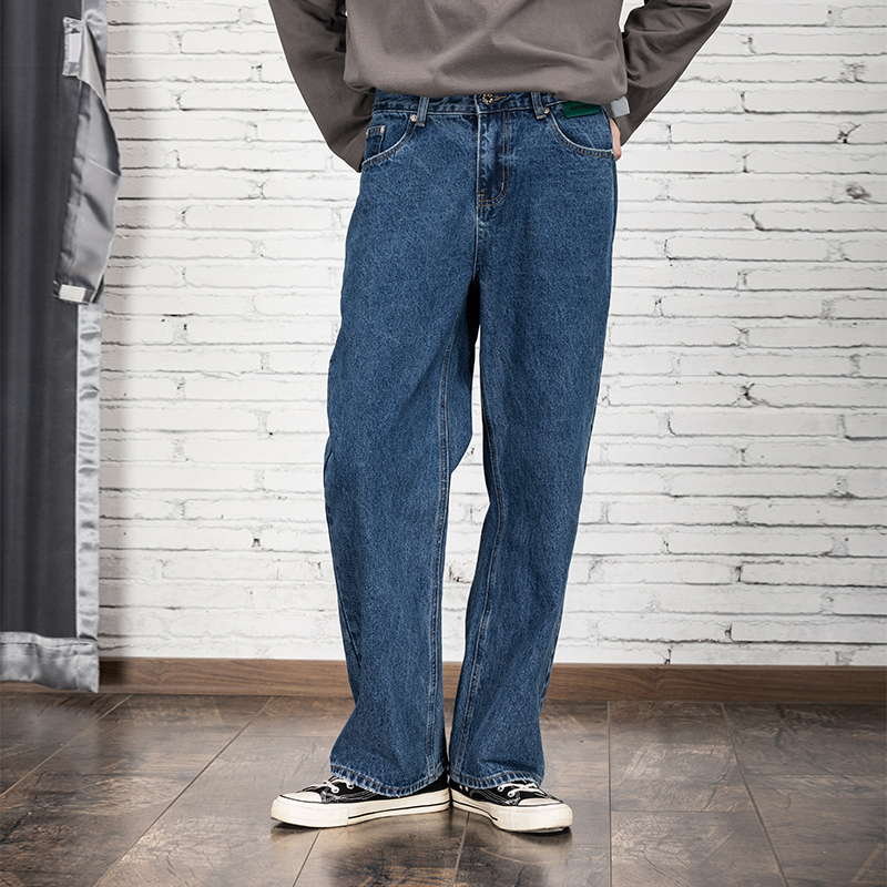 春秋蓝色牛仔裤男日系复古宽松直筒裤潮流百搭休闲水洗阔腿裤子