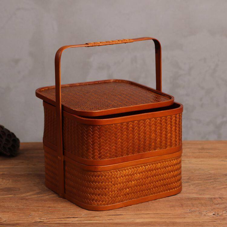 竹编仿古带盖收纳提篮多层便携食盒茶点月饼其他收纳篮