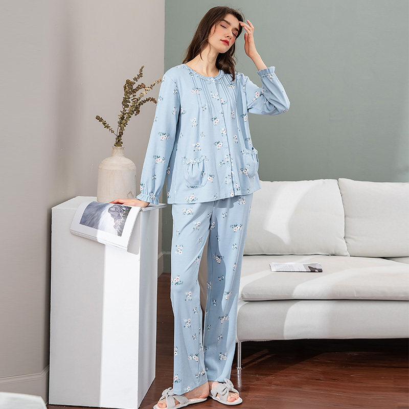 秋鹿圆领纯棉睡衣女春秋喇叭长袖甜美碎花全棉大码女士家居服套装