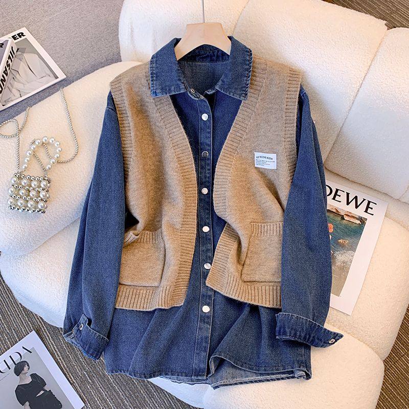 韩系别致气质女神牛仔衬衫马甲搭配港风时尚时尚套装